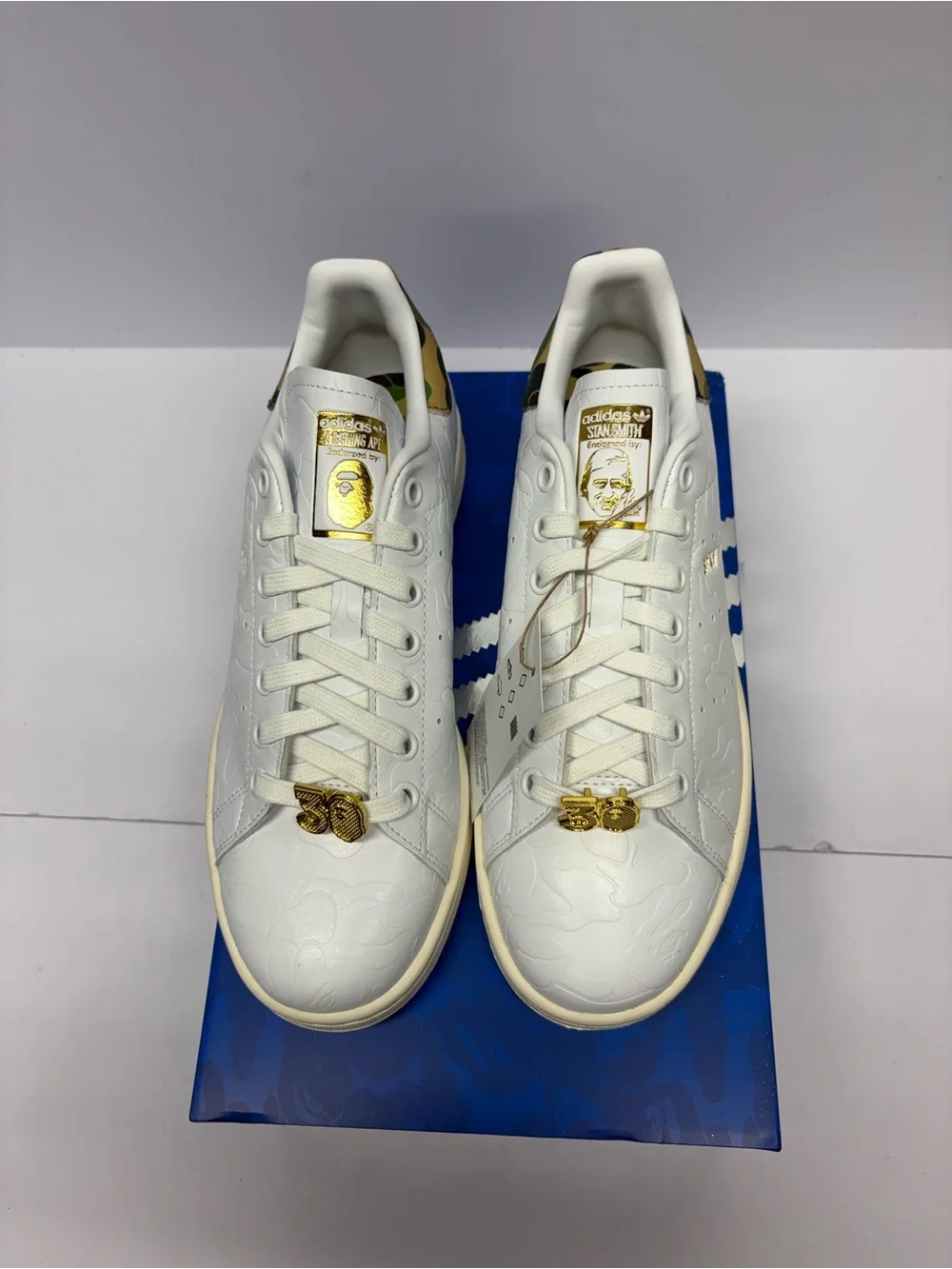 adidas Stan Smith White Sneakers with Gold Accents and Camo Heel